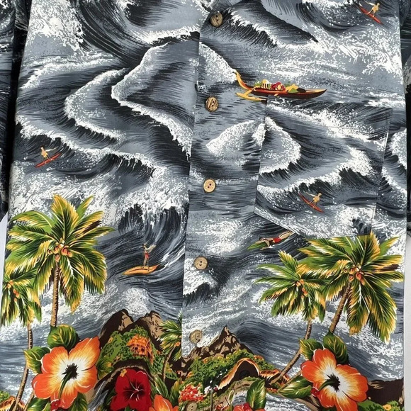 Kennington Ltd. Hawaiian Shirt Palm Trees Surfers Floral Tropical Bright Large - Picture 3 of 6